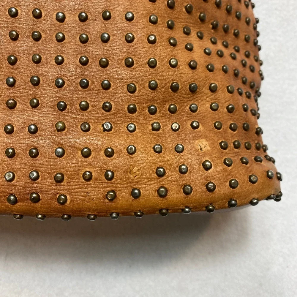 Platania Brown Leather Studded Double Handles Large Tote Shoulder Bag - Italy